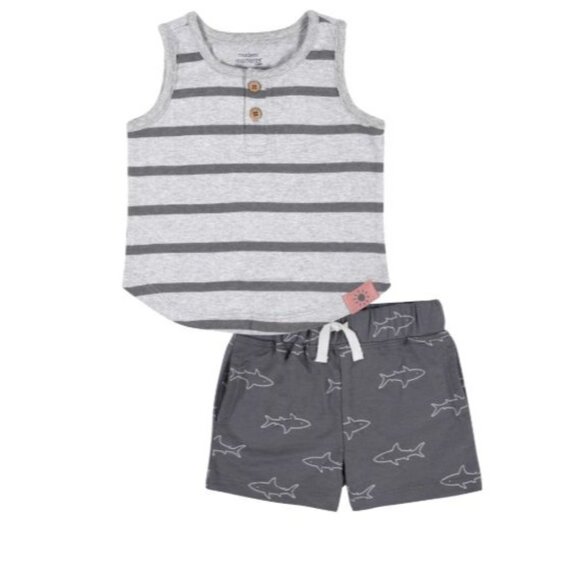 Modern Moments Toddler Tank Top & Terry Short Set Gray Stripes & Sharks 12M Cott - Picture 1 of 7